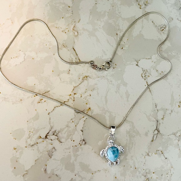 Sterling Silver Larimar Caribbean Gem Sea Turtle Necklace - Picture 4 of 7